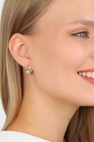 14 Ayar Altın Taşlı Yonca Küpe