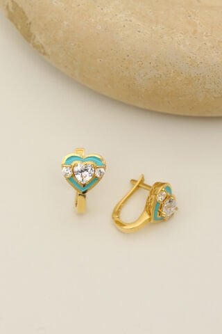 14 Ayar Altın Mavi Mineli Kalpli Taşlı Küpe