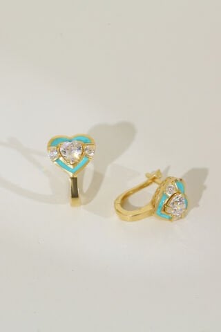 14 Ayar Altın Mavi Mineli Kalpli Taşlı Küpe