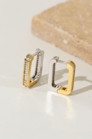 14 Ayar Altın İki Renkli Taşlı Dikdörtgen Küpe