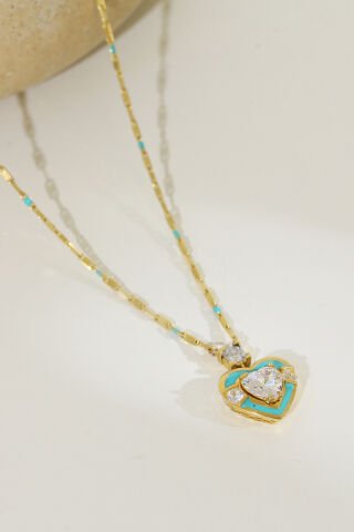 14 Ayar Altın Mavi Mineli Kalpli Kolye