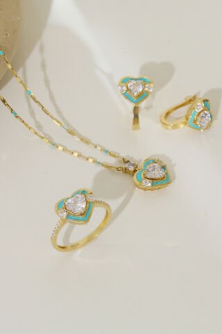 14 Ayar Altın Mavi Mineli Kalpli Kolye