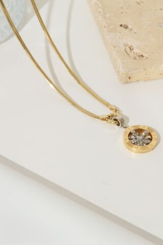 14 Ayar Altın Taşlı Pusula Kolye Ucu