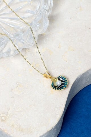 14 Ayar Altın Mavi İstiridye Beyaz İnci Kolye