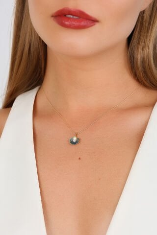 14 Ayar Altın Mavi İstiridye Beyaz İnci Kolye