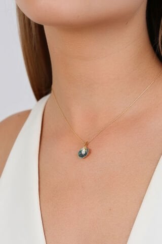 14 Ayar Altın Mavi İstiridye Beyaz İnci Kolye