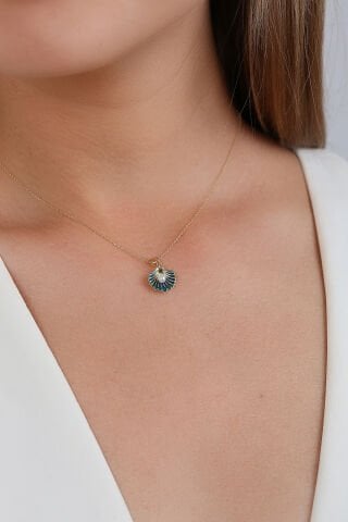 14 Ayar Altın Mavi İstiridye Beyaz İnci Kolye