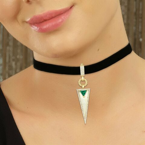 14 Ayar Altın Zümrüt Taşlı Kalemli Kolye Ucu Charm