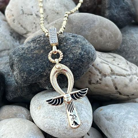 14 Ayar Altın Mineli Ankh Charm
