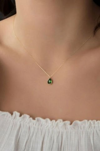 14 Ayar Altın Zümrüt Damla Taş Kolye