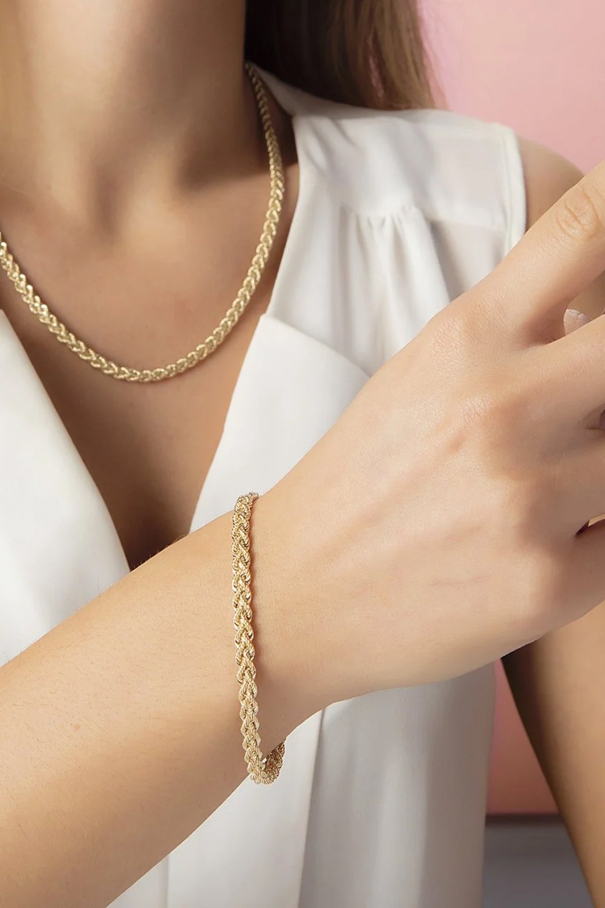 14 Ayar Altın Ters Örgü Halat Kolye