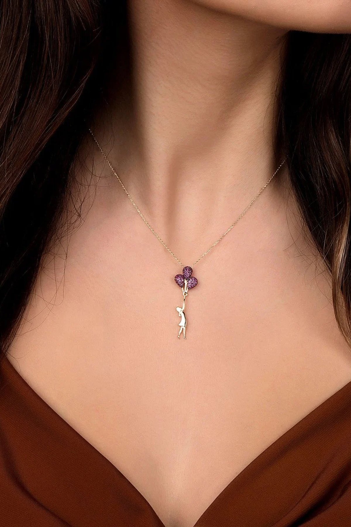 14 Ayar Altın Kırmızı Taşlı Balonlu Kız Kolye