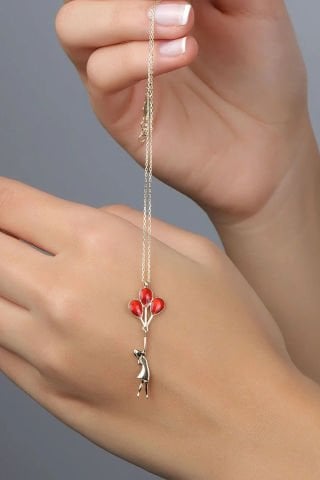 14 Ayar Altın Kırmızı Mineli Balonlu Kız Kolye