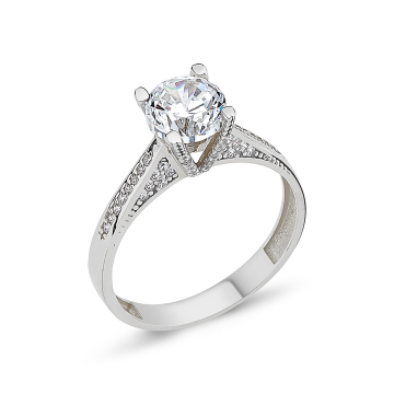 V Montür Fantezi Taşlı Tektaş Altın Yüzük