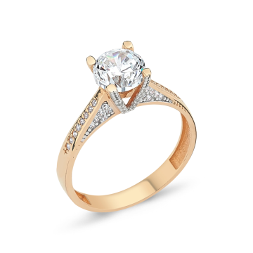 V Montür Fantezi Taşlı Tektaş Altın Yüzük