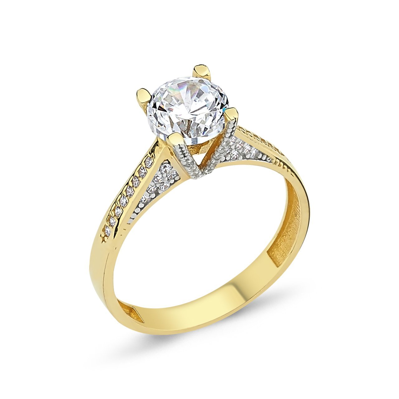 V Montür Fantezi Taşlı Tektaş Altın Yüzük