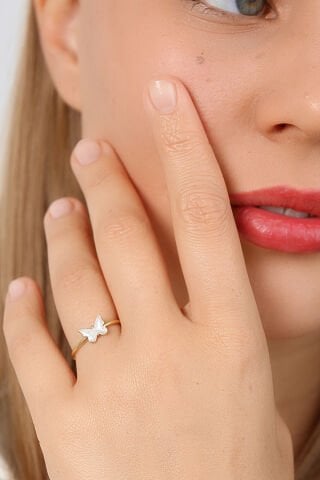 14 Ayar Altın Beyaz Kelebek Yüzük