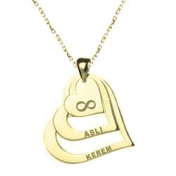 Çift Kalp Sonsuzluk İki İsimli Altın Kolye