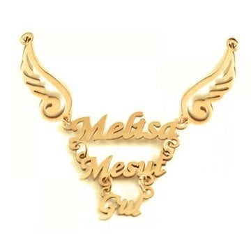 Melek Kanatlı Üç İsimli Altın Kolye