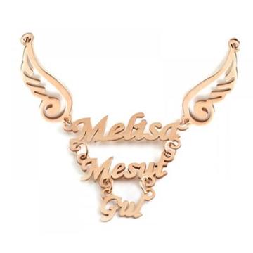 Melek Kanatlı Üç İsimli Altın Kolye